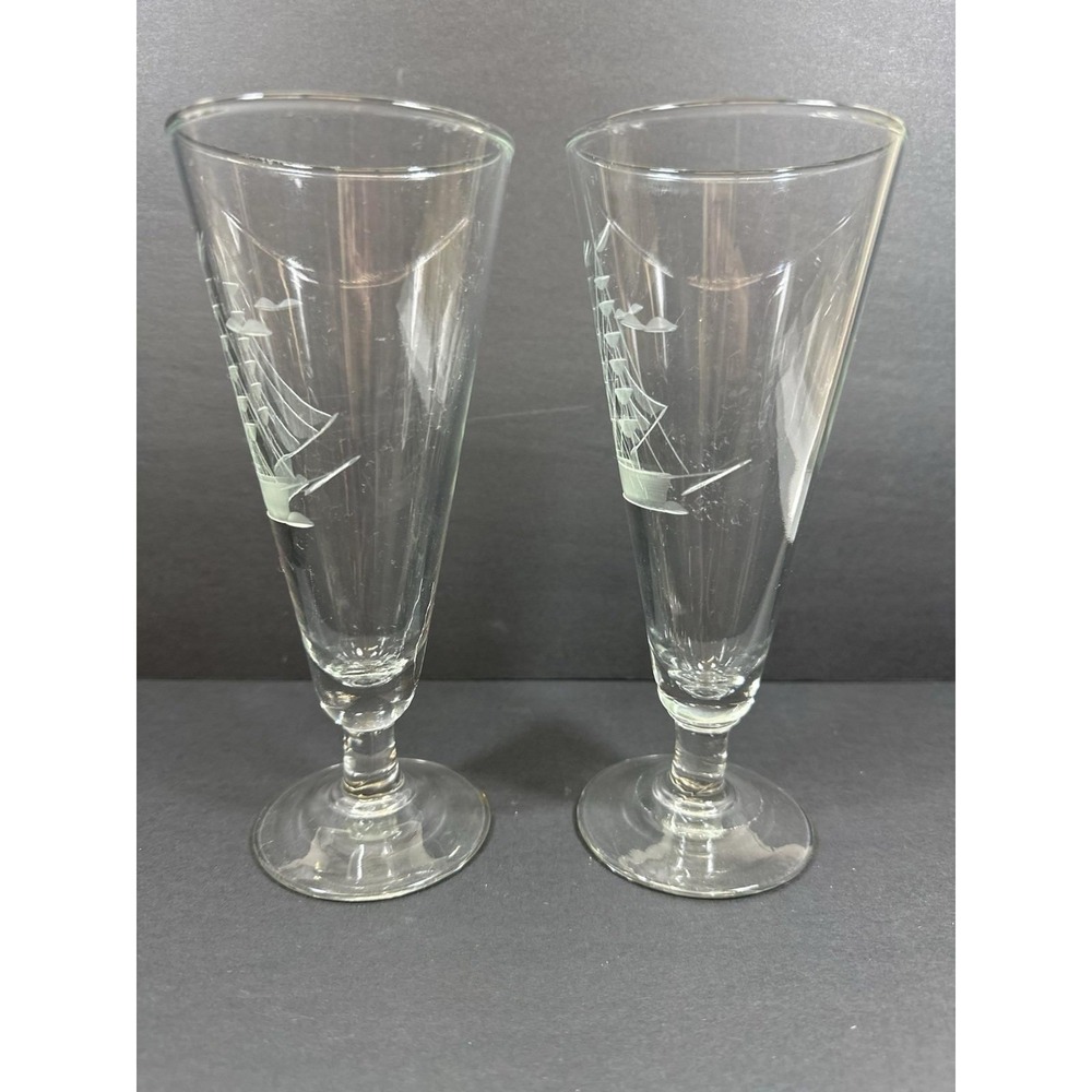 Javit Sailboat Pilsner Beer Glasses Etched‎ Nautical Clipper Schooner Ship 80's - Picture 5 of 9